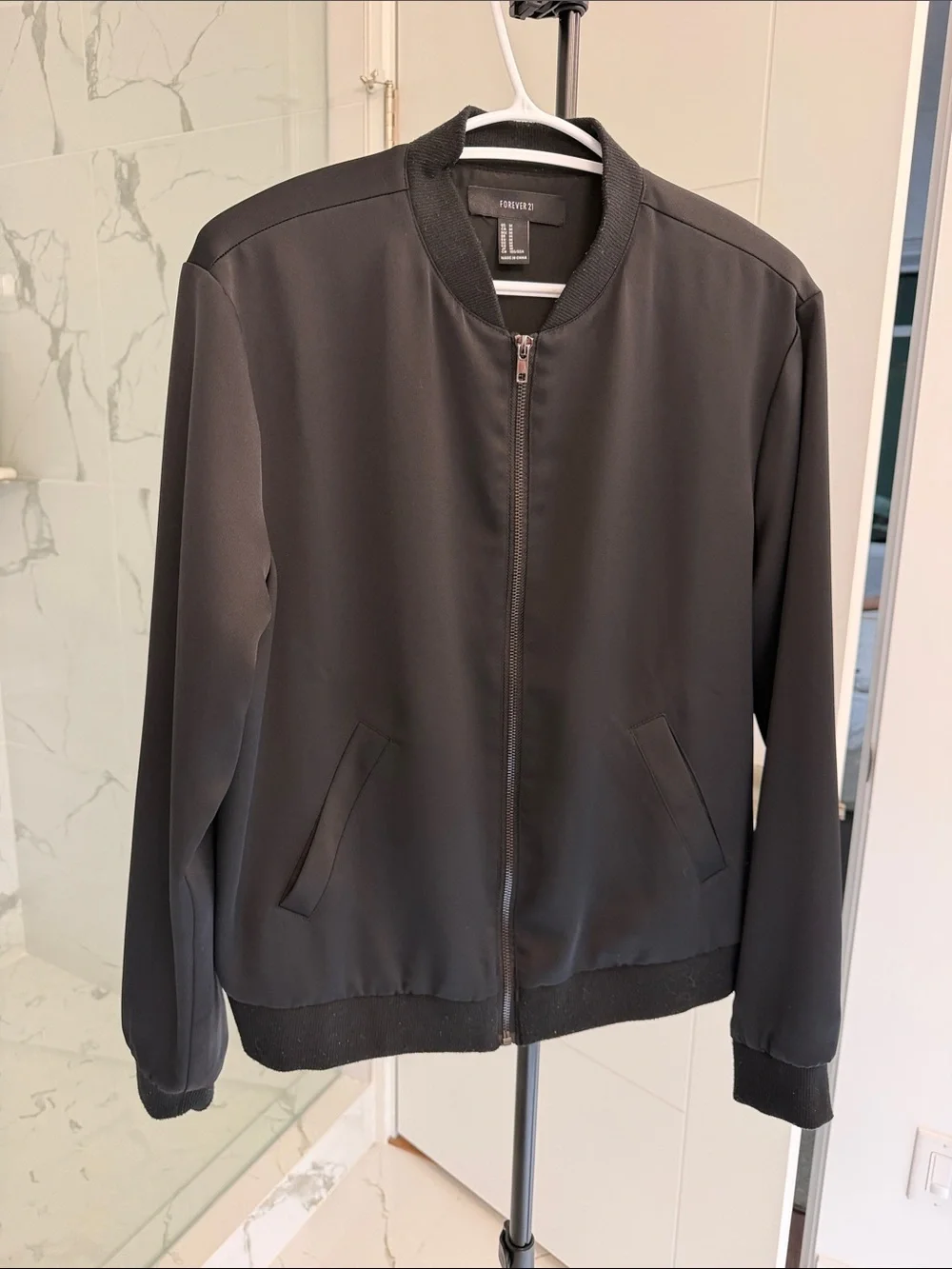 Forever 21 Black Bomber Jacket with Pink Butterfly Patch 20”pp/24”L - Picture 3 of 7